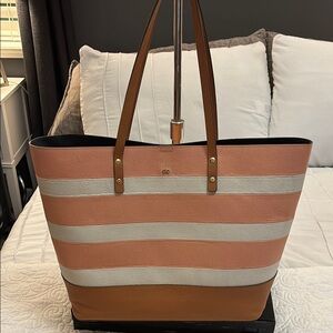 Cole Haan pebbled leather Pink and White Striped Beckett Tote